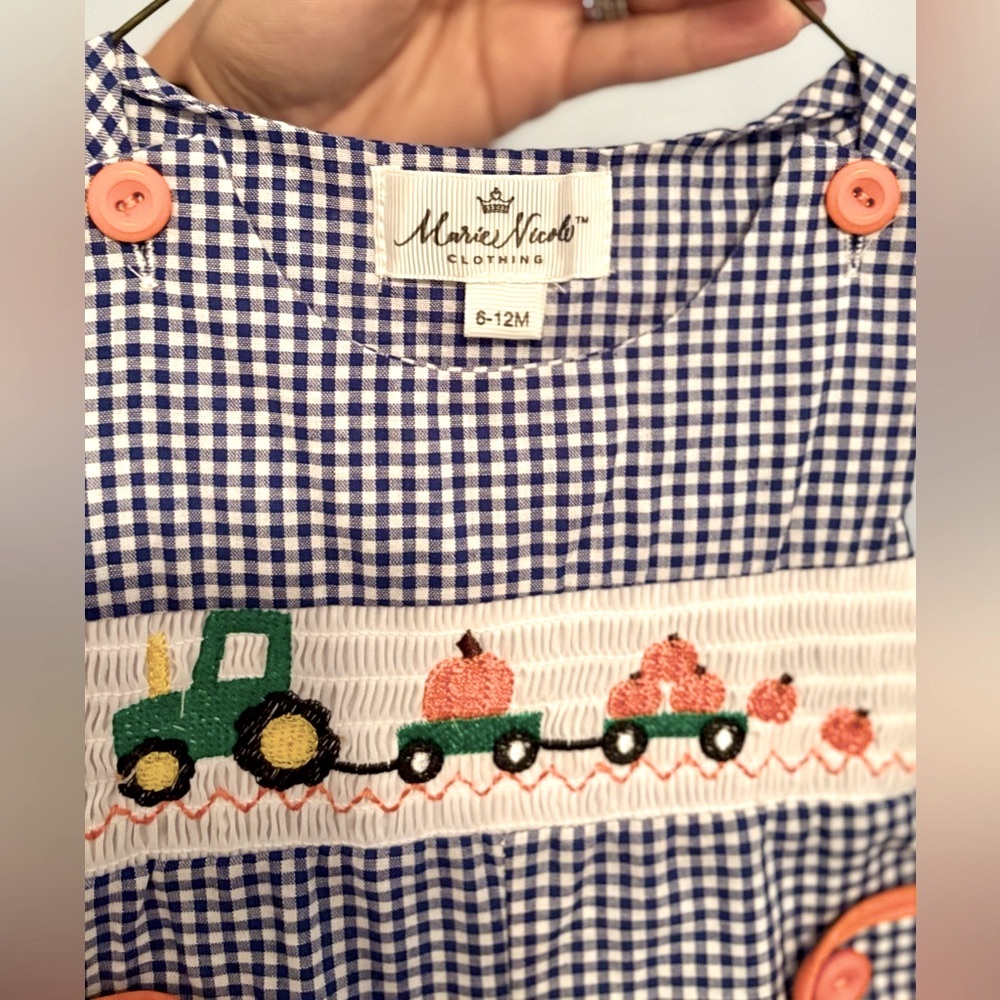 Marie Nicole Smocked Pumpkin Tractor Overall pants Plaid Navy Size 6-12m - Picture 2 of 3
